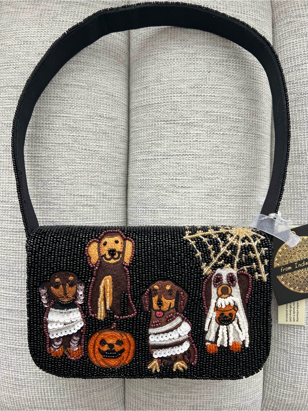 NEW From India to you Black beaded purse with Halloween-themed dogs Motif